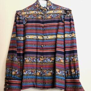 JAEGER VINTAGE WOMENS TOP HIGH COLLAR LOTS OF BUTTONS MULTICOLOR 32 S M